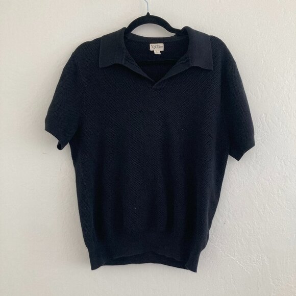 J Crew Short Sleeve Cotton Mesh Stitch Johnny Collar Sweater Polo Shirt Black - Picture 2 of 9